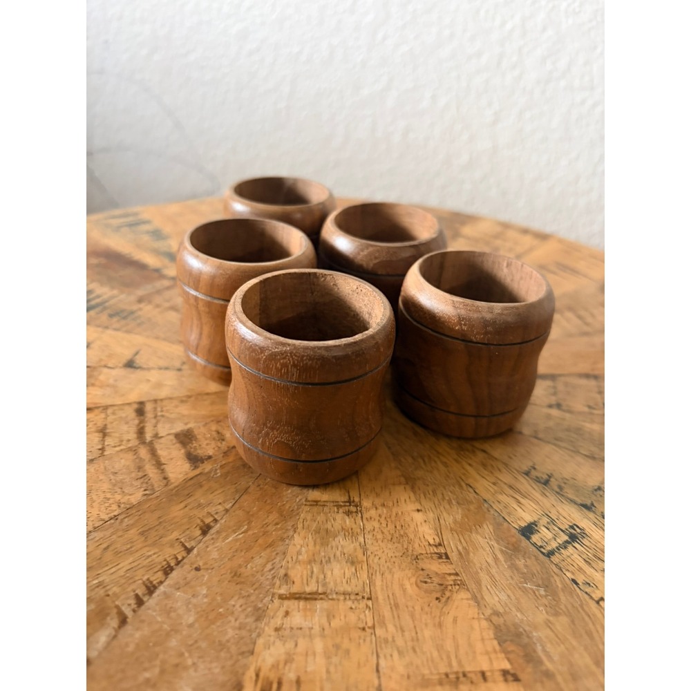 Vintage Wooden Napkin Rings Set of 5 Barrel Shape Grooved Wood Table Decor Brown